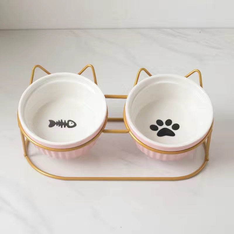 Ceramic Double Pet Bowl With Tall Angled Elevated Design