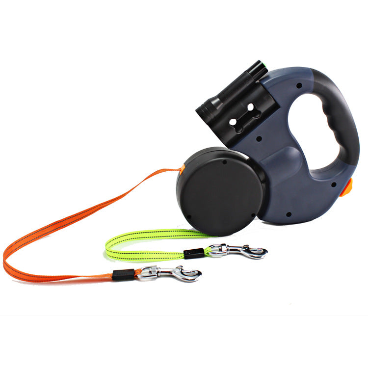 Dual Head Retractable Pet Leash With Flashlight And Waste Bag Dispenser