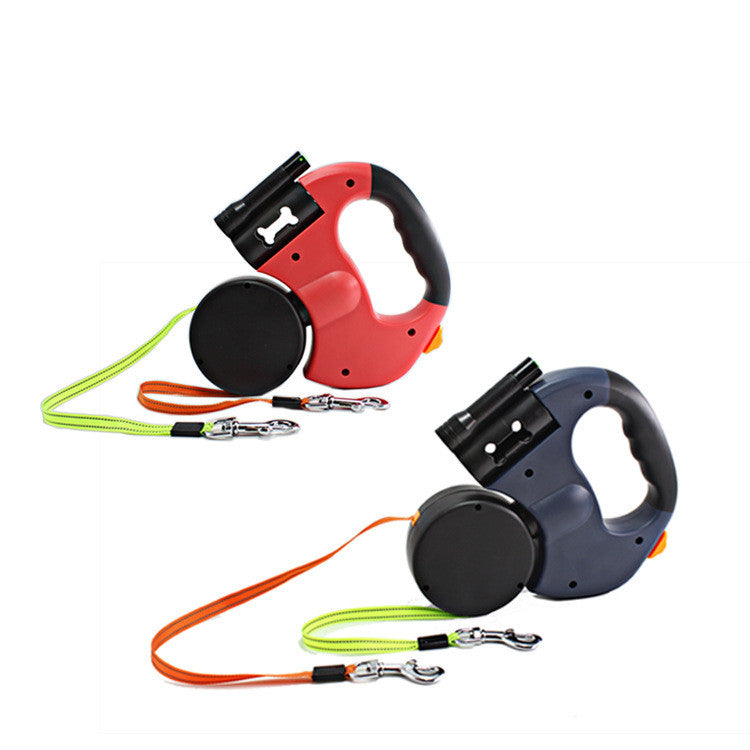 Dual Head Retractable Pet Leash With Flashlight And Waste Bag Dispenser