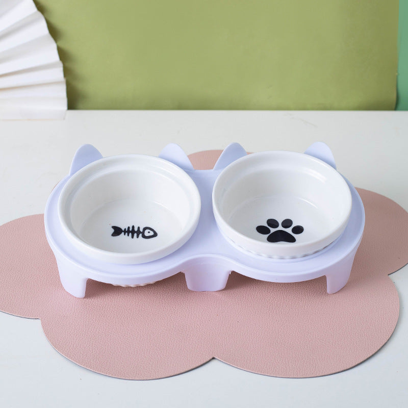 Ceramic Double Pet Bowl With Tall Angled Elevated Design
