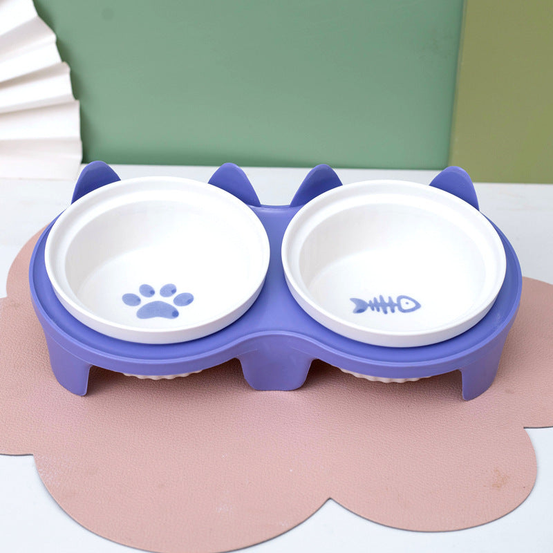 Ceramic Double Pet Bowl With Tall Angled Elevated Design
