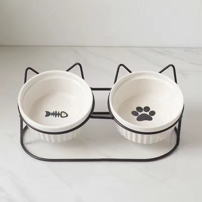 Ceramic Double Pet Bowl With Tall Angled Elevated Design