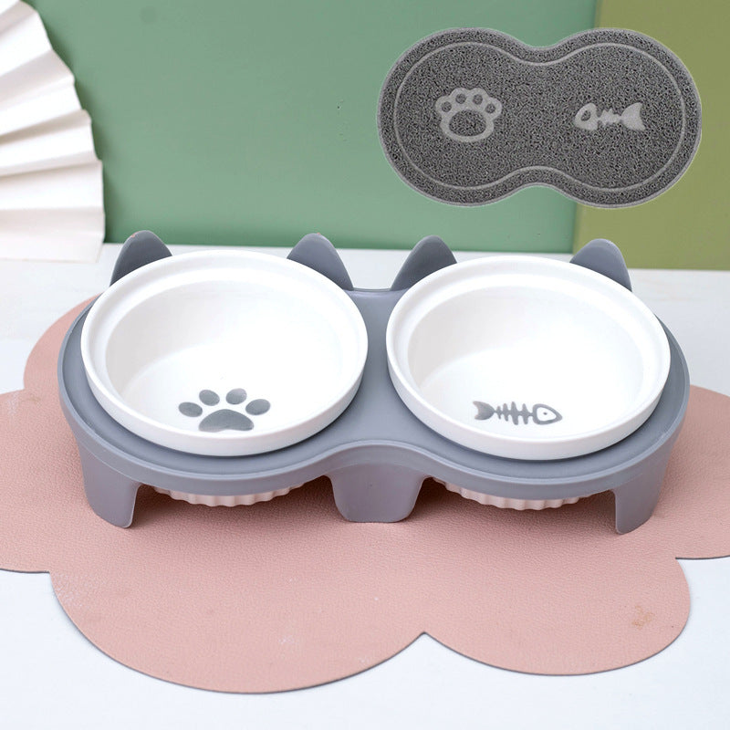 Ceramic Double Pet Bowl With Tall Angled Elevated Design