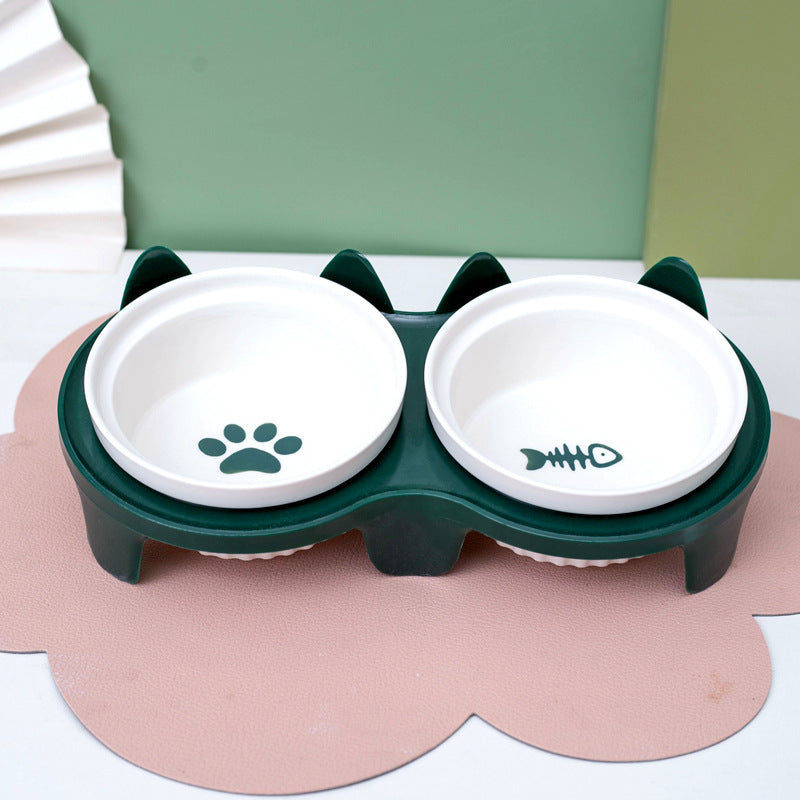 Ceramic Double Pet Bowl With Tall Angled Elevated Design