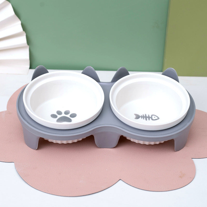 Ceramic Double Pet Bowl With Tall Angled Elevated Design