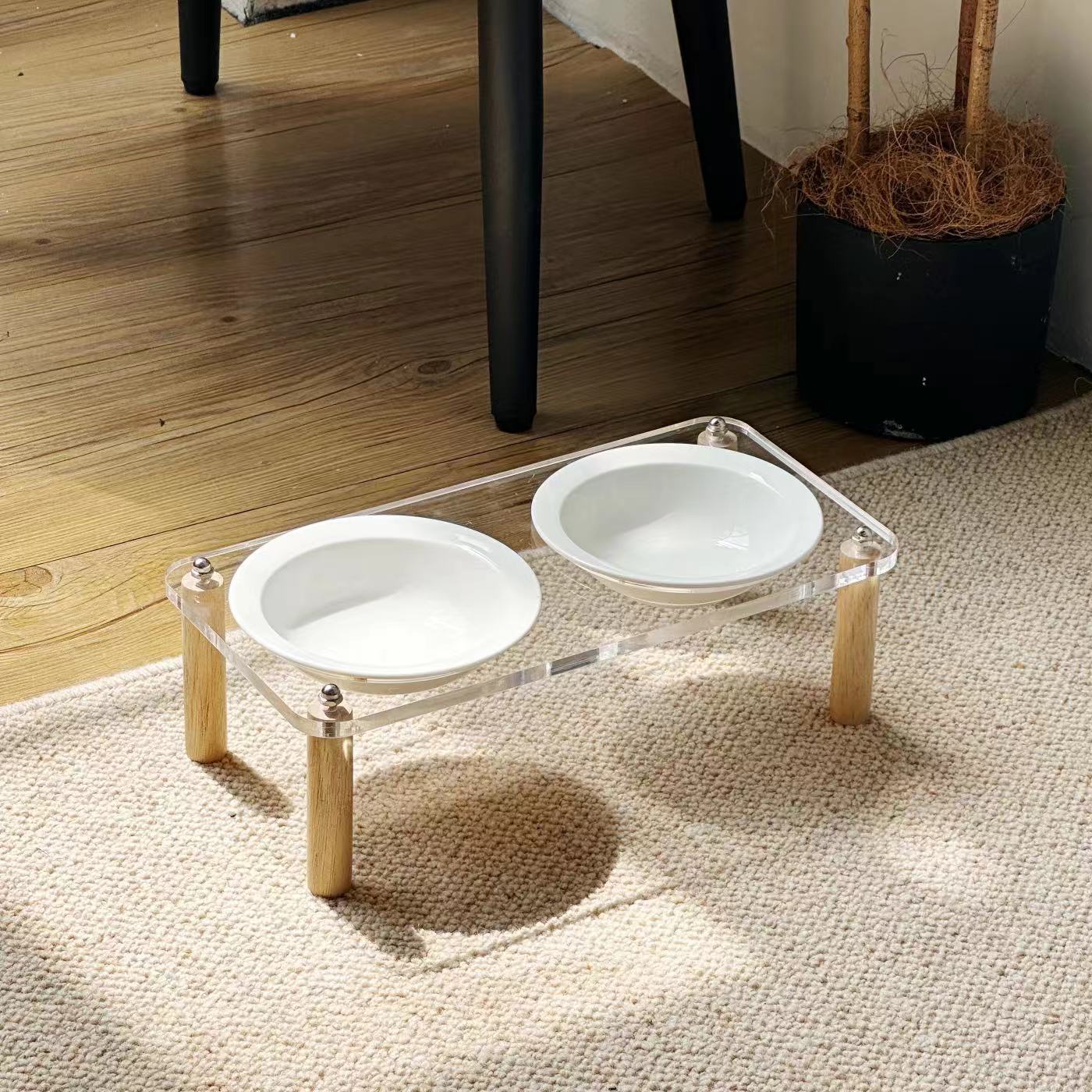 Ceramic Double Pet Bowl With Elevated Anti Spill Stand